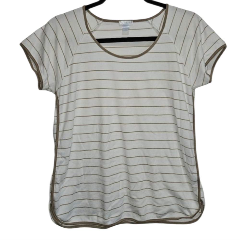 LAKE Women's XS Short Sleeve Tee T-Shirt Top Lounge PJ White Light Brown Stripes
